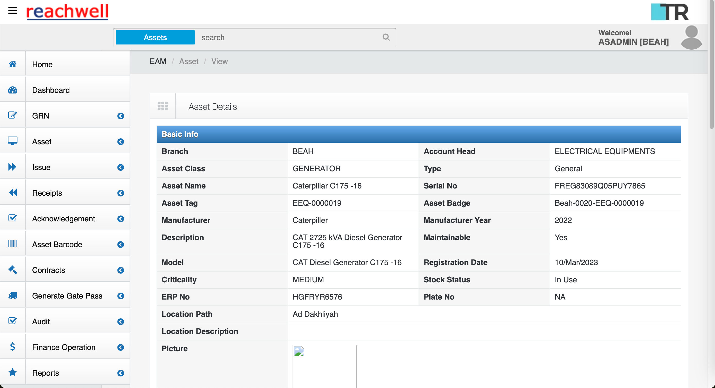 screenshot of Enterprise Asset Management System